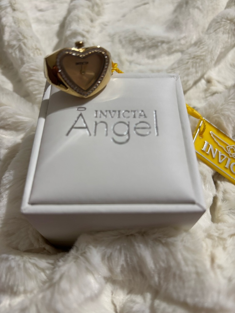Invicta Angel Heart-Shaped Gold Tone Ring Watch with Crystal Accents